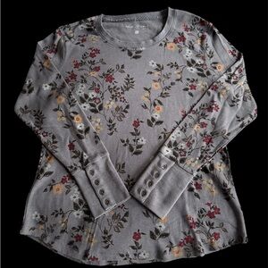 Grey Floral Long-Sleeve Waffle Knit Top with Button Cuffs